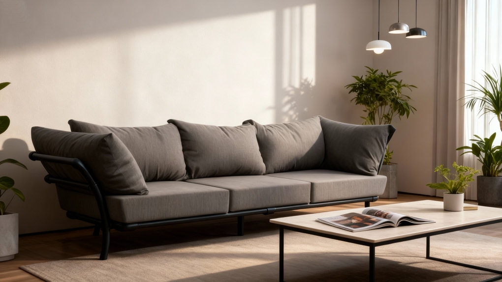 Grijze Brion industriële zitbank met diepe kussens in een moderne, lichte woonkamer. De perfecte loungebank industrieel design voor flexibele opstellingen.