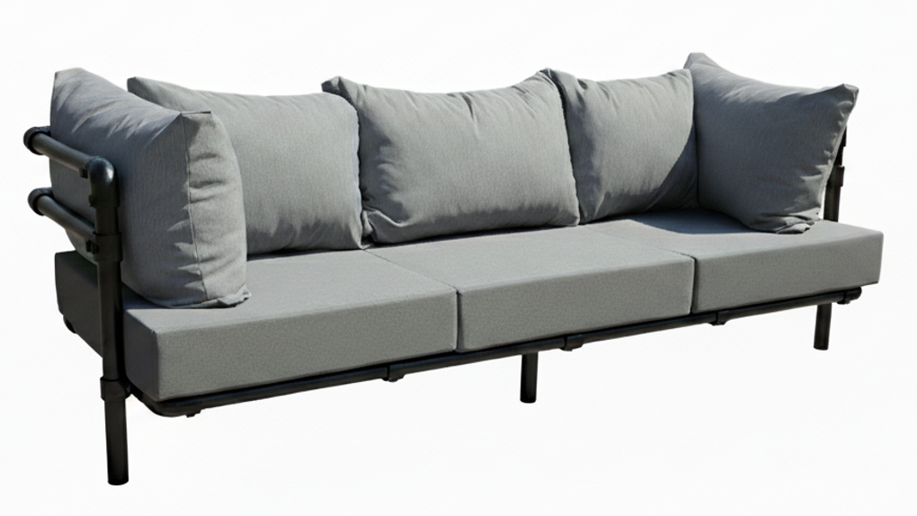 Studiofoto van de 3-zits Melange moderne industriële zitbank op maat met donker grijze kussens en strak frame. De stoere industriële zitbank is in elke maat leverbaar.