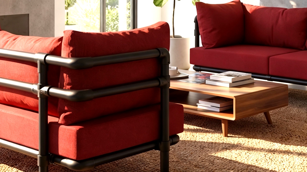 Close-up detail van het zwarte stalen frame en de los gevulde, rode rugkussens van de Melange moderne industriële zitbank op maat. Dit toont de essentie van een stoere industriële zitbank.