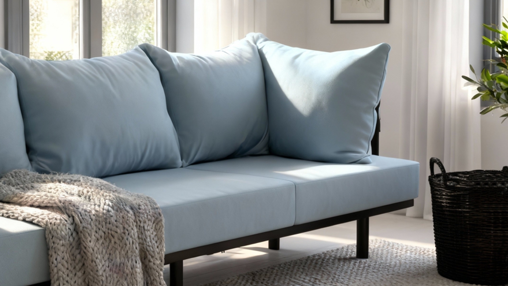 Close-up detail van de strakke zitkussens en de los gevulde plof rugkussens, lichtblauwe kussens en het frame van de Melange moderne industriële zitbank op maat. Het design kenmerkt de stoere industriële zitbank.