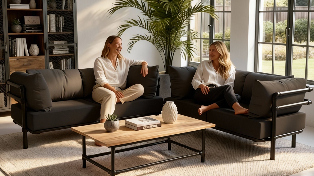 Twee donkergrijze elementen van de Melange moderne industriële zitbank op maat opgesteld voor een gesprek. De stoere industriële zitbank is ideaal voor sociale, eigentijdse interieurs.