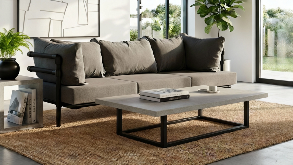 Grijze Melange industriële zitbank met strakke en plof kussens in een moderne setting. De perfecte loungebank industrieel design met een stoer frame.