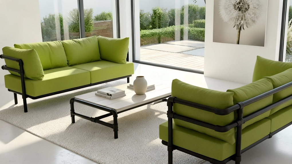 Twee elementen van de limegroene Melange moderne industriële zitbank op maat in een lichte, minimalistische woonkamer. De stoere industriële zitbank heeft los gevulde plof rugkussens en een zwart frame.