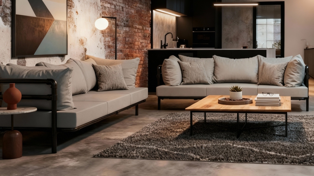 Twee Melange moderne industriële zitbanken op maat in een open loft met bakstenen muur en zichtbare keuken. De lichte stoffering contrasteert met het stoere industriële design.