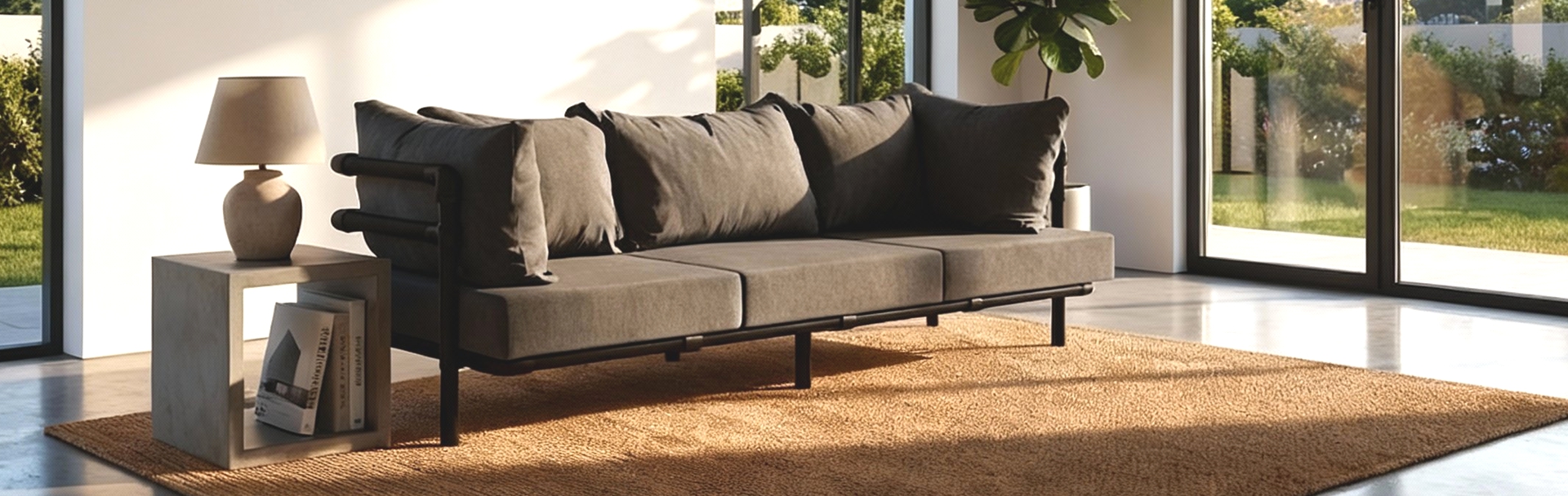 Neutraal grijze Melange moderne industriële zitbank op maat in een lichte, minimalistische woonkamer. De los gevulde rugkussens en het robuuste frame benadrukken het stoere industriële design.