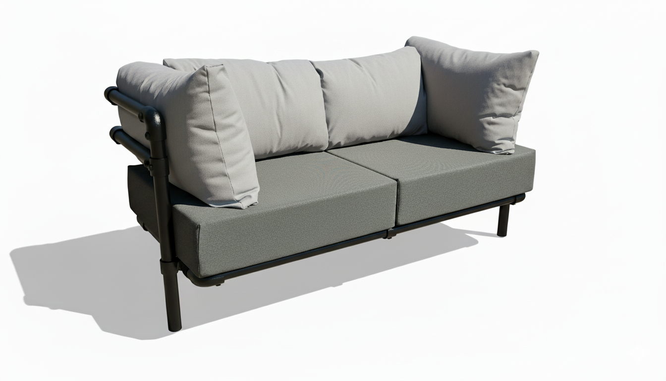 Studiofoto van de grijze Melange moderne industriële zitbank op maat. De bank heeft een strakke look, een stoer frame en is in elke maat leverbaar.