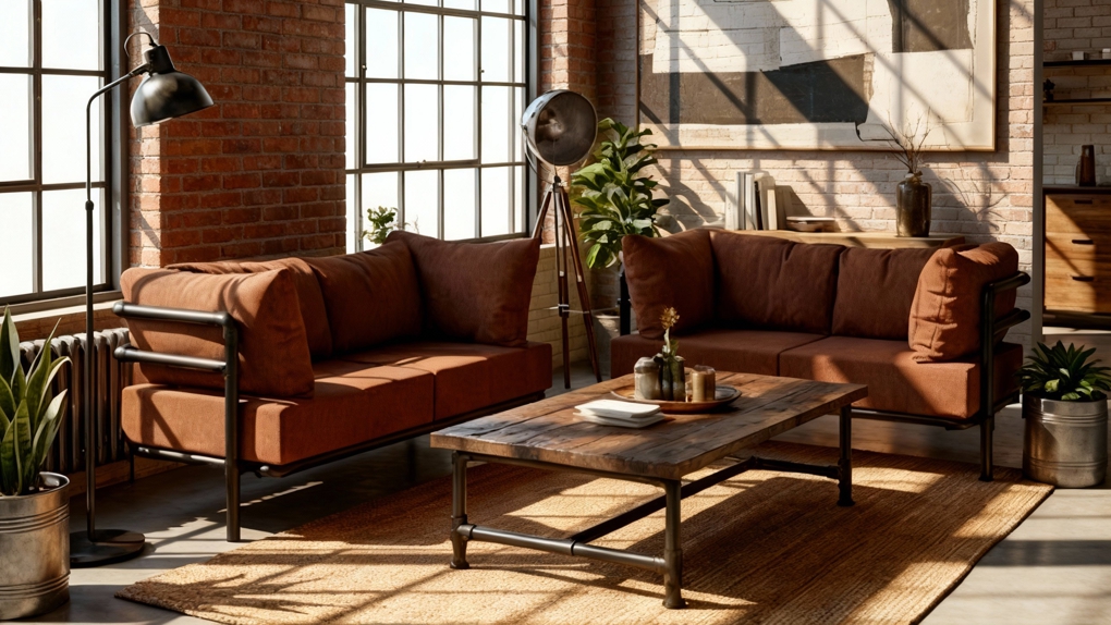 Twee elementen van de Terracotta Melange stoere industriële zitbank op maat in een ruwe, bakstenen loft. De opstelling benadrukt het moderne industriële zitbank design.