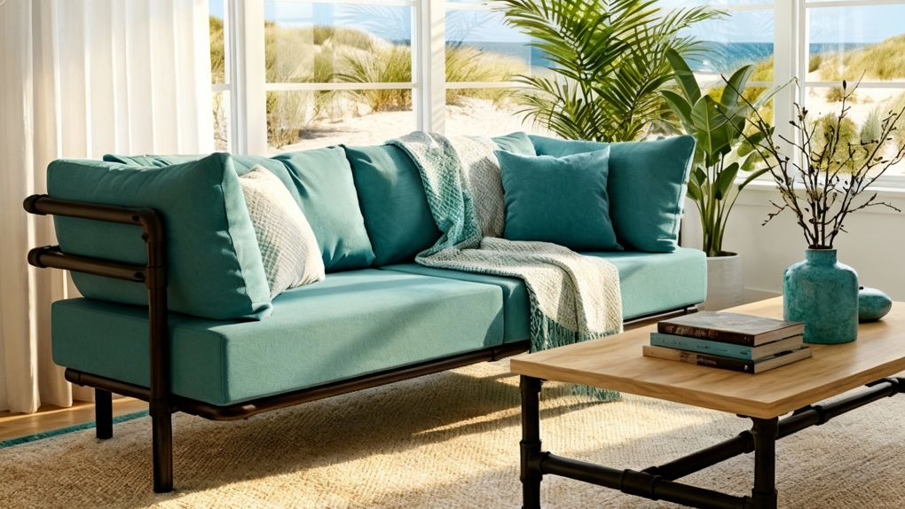 Turquoise Melange moderne industriële zitbank op maat met zwart frame. De stoere industriële zitbank staat in een lichte woonkamer met zicht op duinen en de zee.