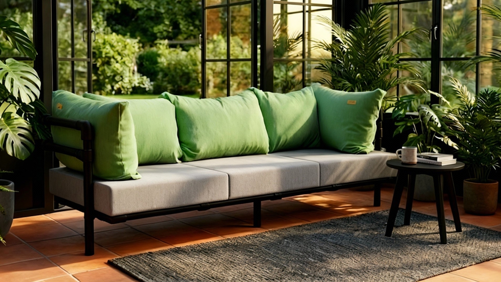 Tweekleurige Melange moderne industriële zitbank op maat met heldergroene rugkussens en lichte zitkussens in een lichte serre met planten. De stoere industriële zitbank is modulair.