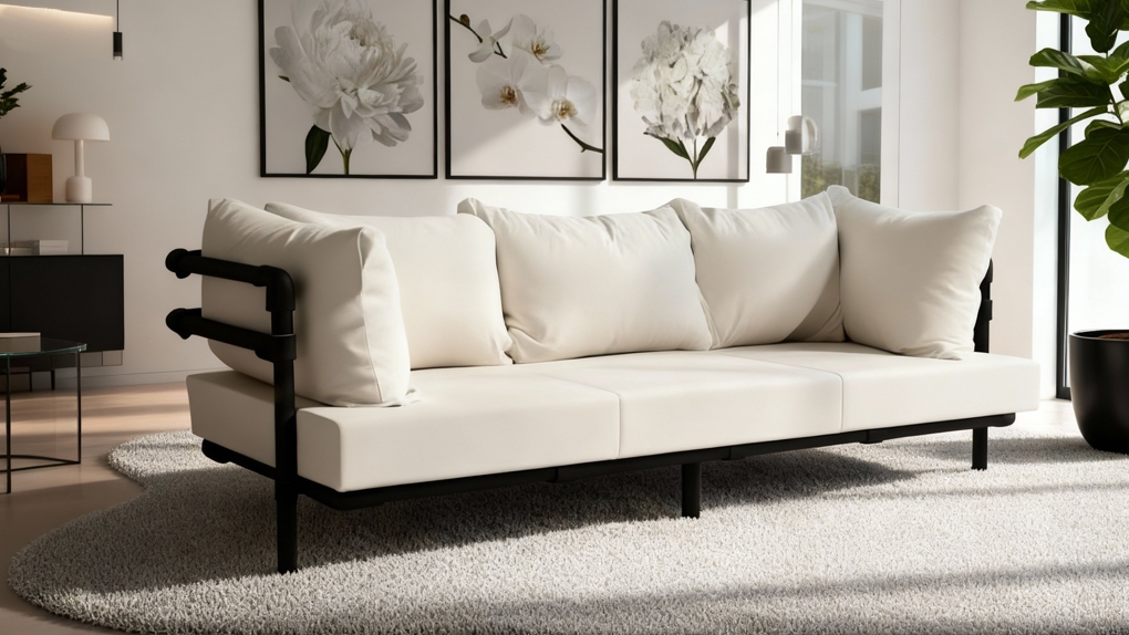 Witte Melange moderne industriële zitbank op maat met zachte rugkussens en strak zwart frame. De stoere industriële zitbank staat in een lichte, elegante loft.