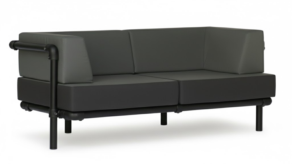 2-zits Steady zwarte industriële loungebank op maat met grijze kussens. Het modulaire ontwerp maakt deze industriële zitbank perfect voor kleinere ruimtes.