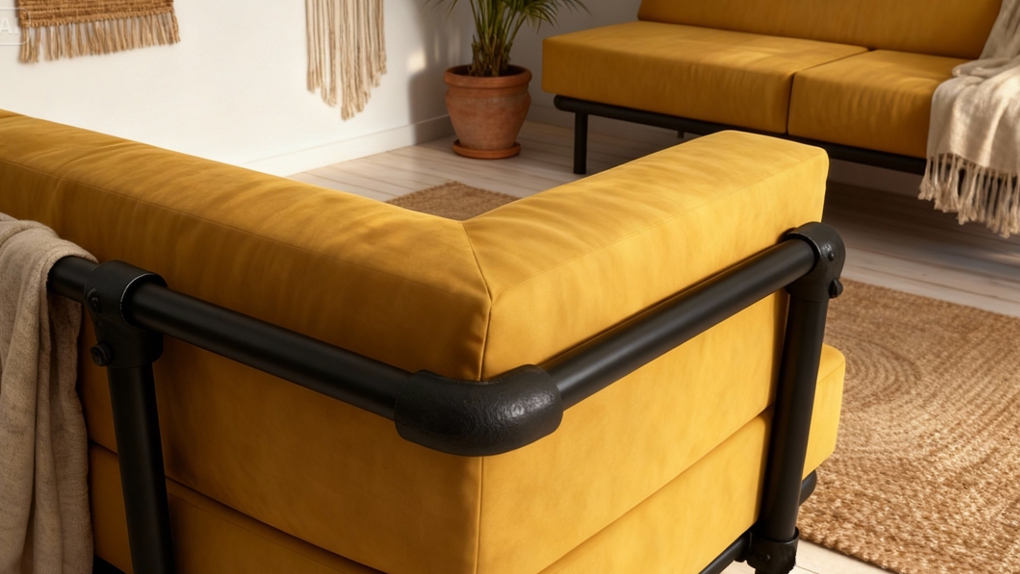 Close-up van de hoek van de Steady industriële zitbank op maat. Het detail toont het robuuste zwarte aluminium frame en de perfect afgewerkte kussens.