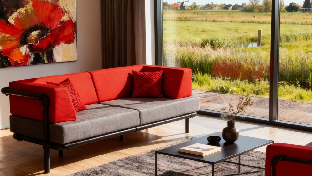 Grijze zitkussens en rode rugkussens Steady industriële zitbank op maat in een moderne kamer. Twee bankelementen tonen het modulaire ontwerp van de zwarte industriële loungebank.