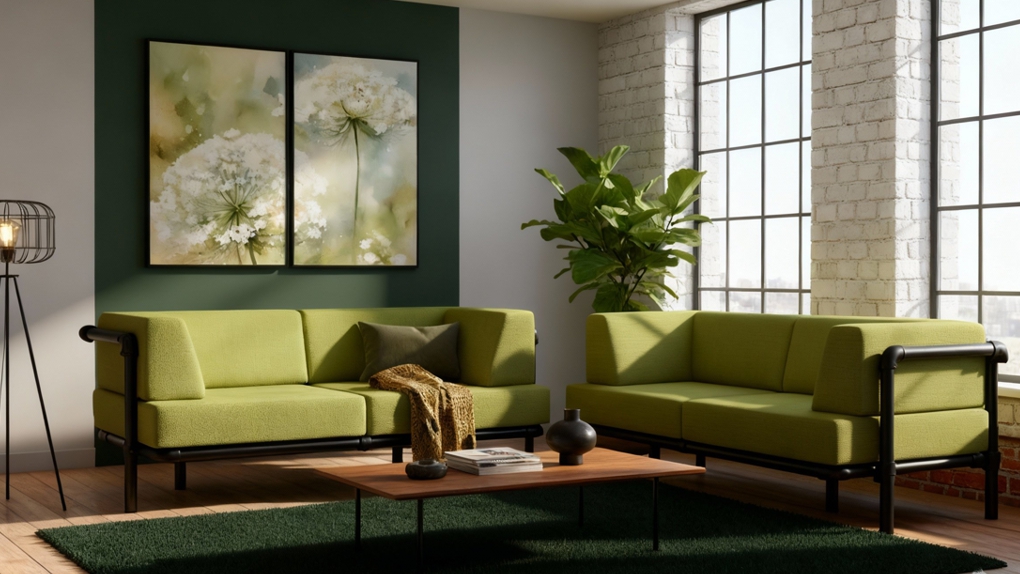 Groene Steady industriële loungebank op maat. De aanpasbare industriële zitbank staat in een lichte kamer met grote ramen.