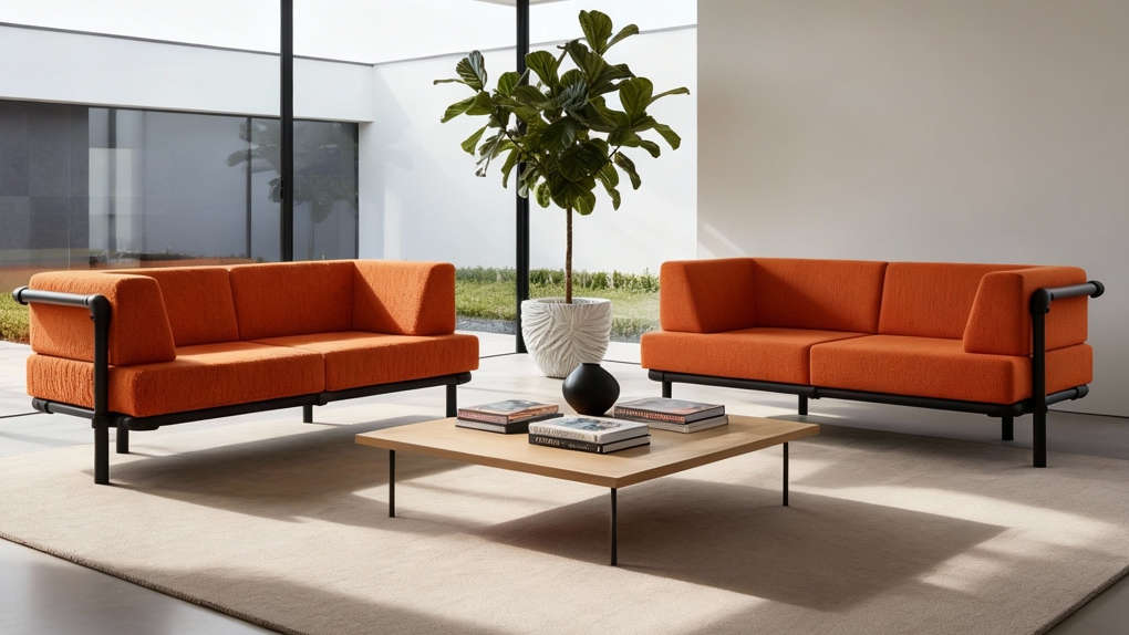 Oranje Steady industriële zitbanken op maat in een moderne loft. De modulaire elementen vormen zwarte industriële loungebanken met een fris en opvallend uiterlijk.