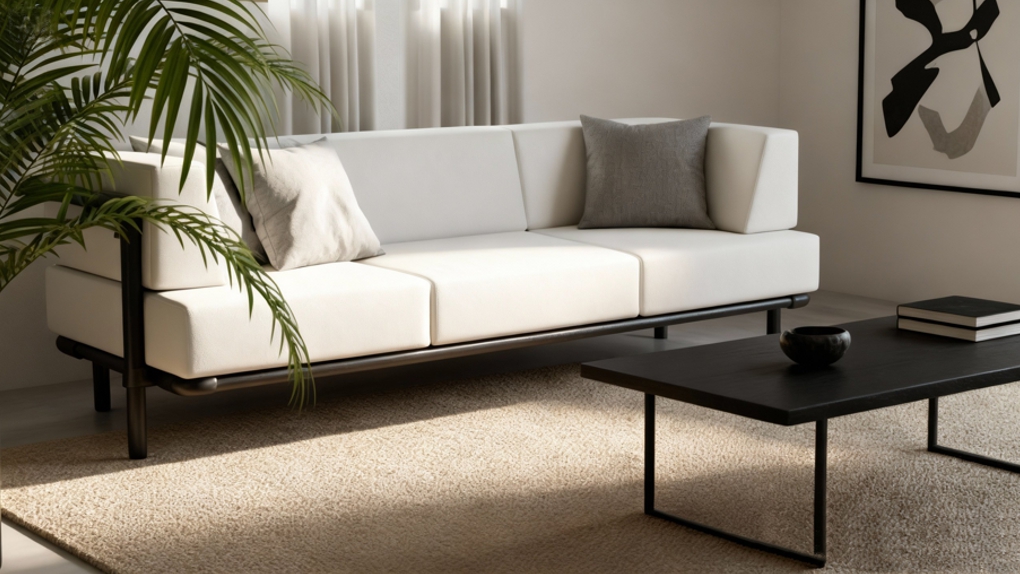 Witte Steady industriële zitbank op maat in een minimalistische kamer. De strakke loungebank combineert een stoer zwart frame met witte kussens.