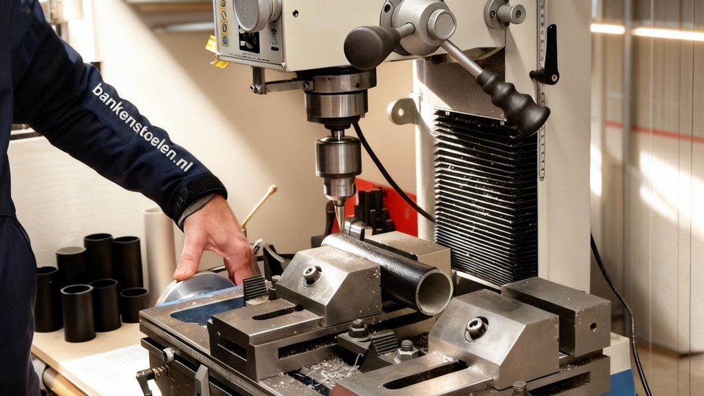 Een vakman van bankenstoelen.nl bewerkt een zwart aluminium buisframe met een precisie-boormachine in een professionele werkplaats.