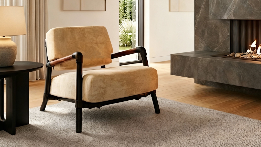 Een stijlvolle witte Boff fauteuil in luxe Mohair stof met een zwart industrieel buisframe en donkerhouten armleuningen in een modern interieur bij een haard.