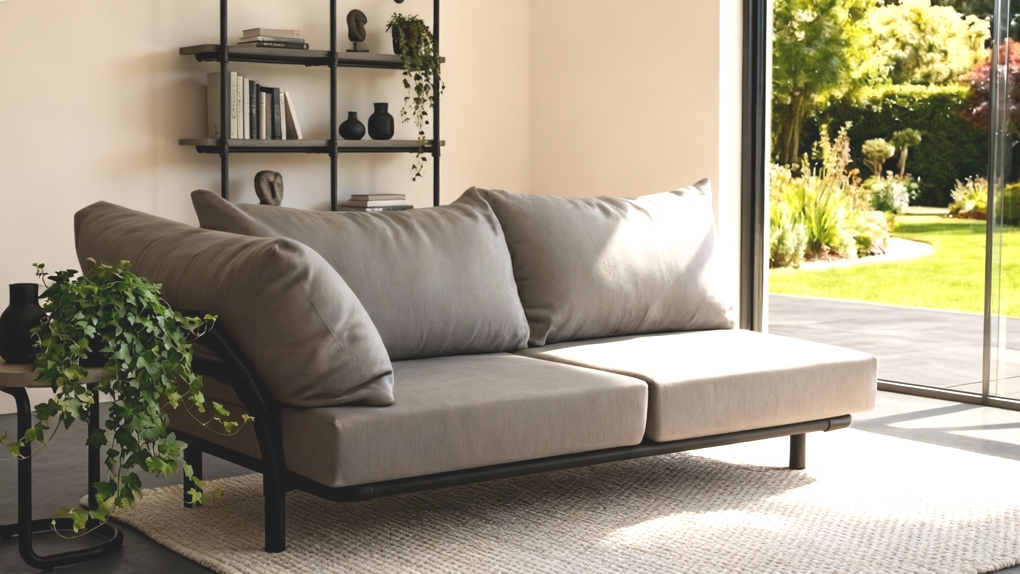 Lichtgrijze Brion Chaise Longue Industrieel Design in een 2-zits opstelling. Dit is de meest Comfortabele Lounge Chaise Longue in de collectie, met extra zachte en veerkrachtige kussens, perfect voor een Robuuste Industriële Chaise Longue look.