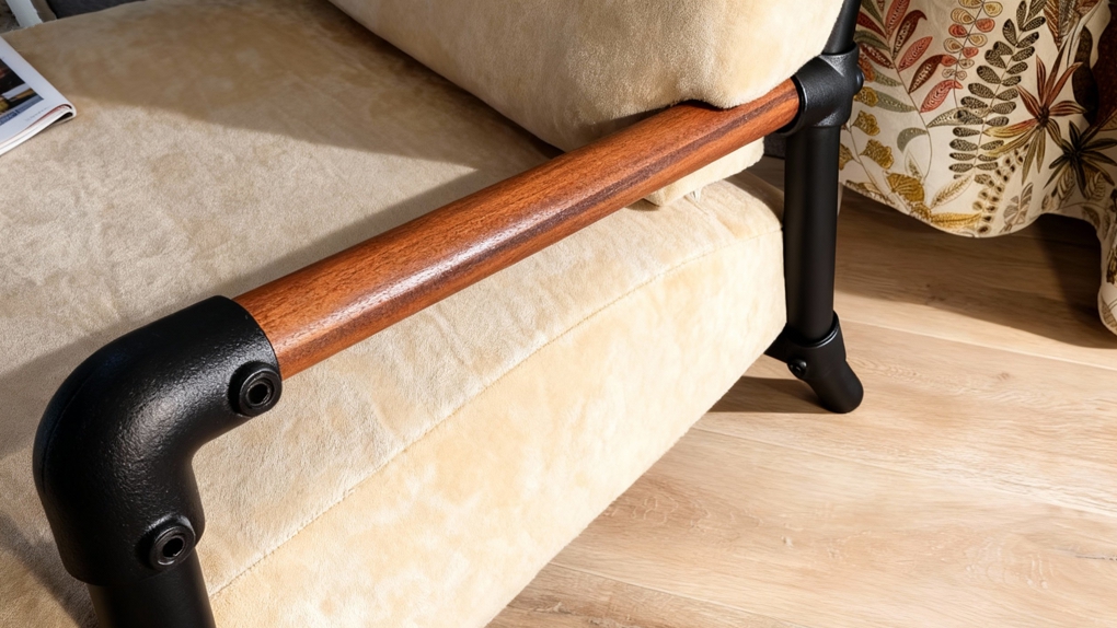 Close-up van de gladde, warmhouten armleuning van de Boff fauteuil met een zwart industrieel buisframe en witte Mohair bekleding.