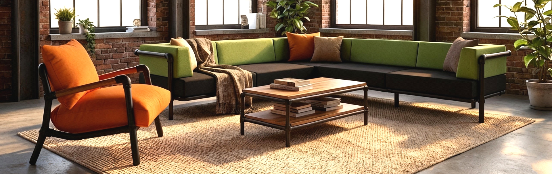 Een ruim industrieel loft-interieur met een grote groene Mellow hoekbank, een oranje Loom fauteuil en een robuuste salontafel op een jute kleed voor grote karakteristieke ramen.