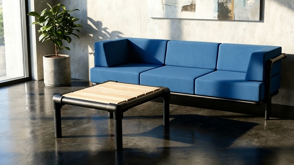Duran loungetafel met eikenhouten blad en een industrieel frame dat om het hout heen valt.