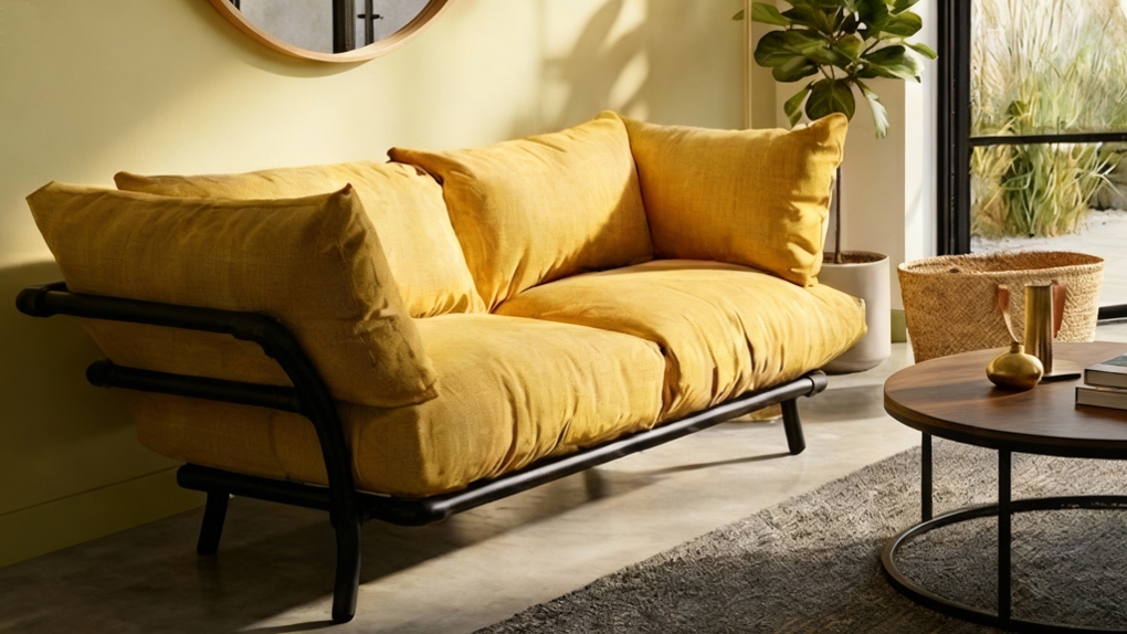 Een comfortabele okergele industriële zitbank met royale plofkussens en een robuust zwart buisframe in een licht interieur met houten accenten.