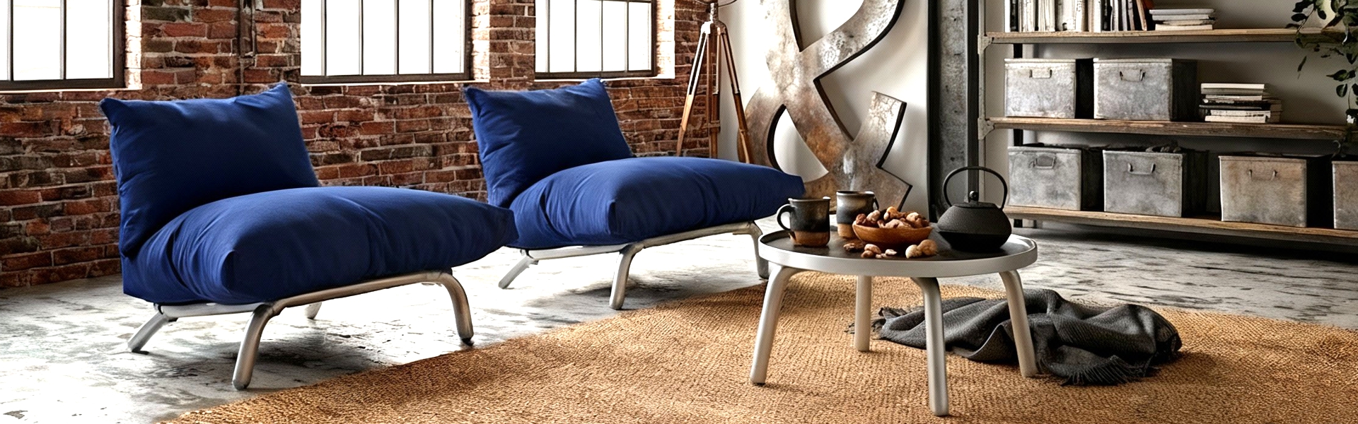 Een stijlvolle blauwe Loft fauteuil met een grafisch zwart buisframe en houten armleuningen in een industrieel interieur.