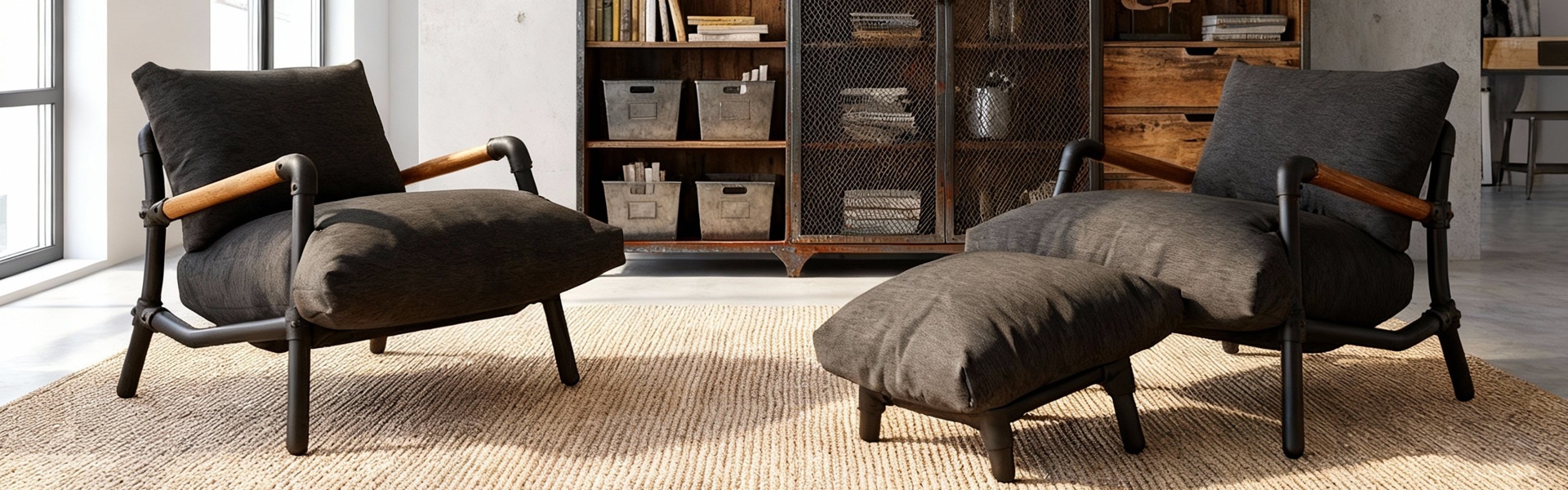 Twee zwarte Loom fauteuils met comfortabele antraciet kussens, houten armleuningen en een bijpassende hocker op een jute kleed in een industrieel interieur.