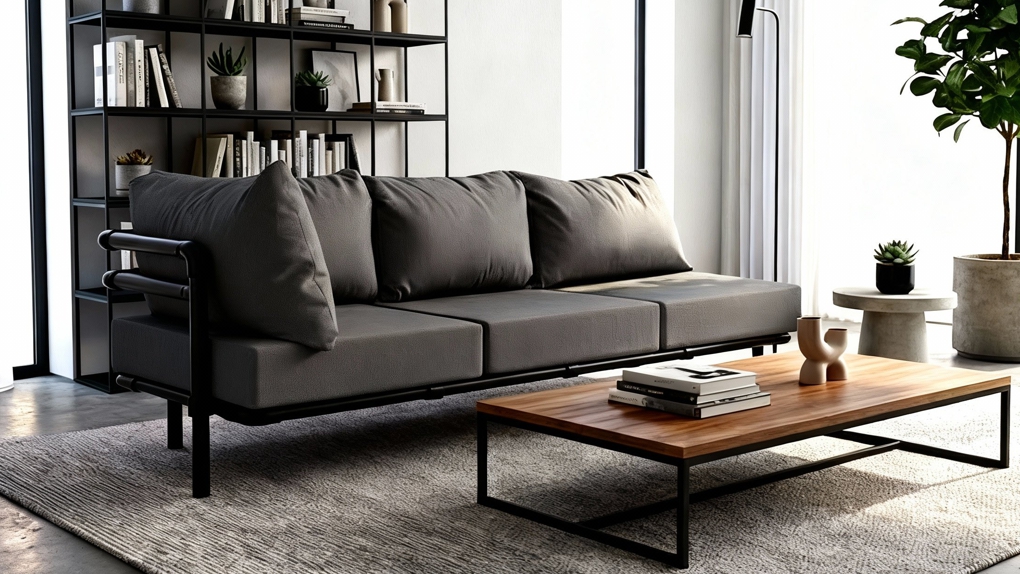 Donkergrijze Chaise Longue Industrieel Design van het model Melange, met strak gestoffeerde kussens en een robuust, zwart pijpenframe. De Robuuste Industriële Chaise Longue is volledig modulair en op maat samen te stellen.