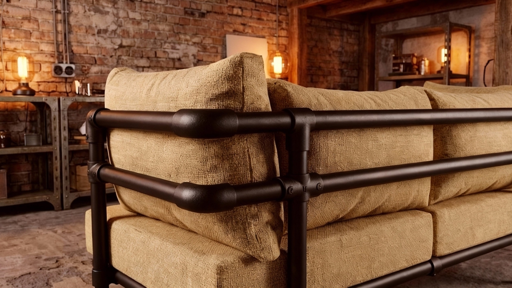 Close-up van de achterkant van de Melange Industriële Chaise Longue Op Maat. Het kenmerkende robuuste, zwarte pijpenframe met dikke taupe kussens benadrukt de Kleurige Chaise Longue Industriële Look.