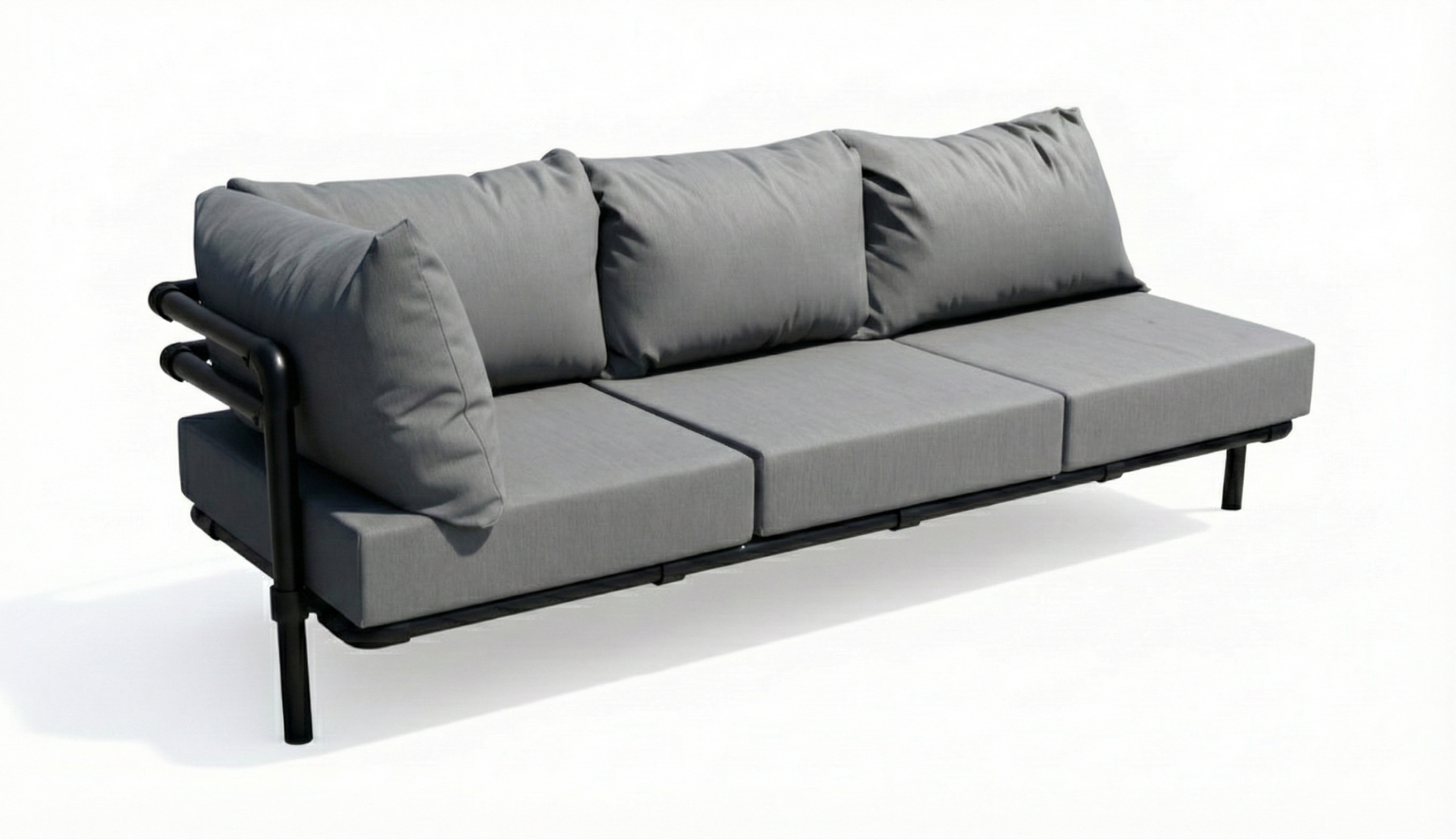 Donkergrijze Industriële Chaise Longue Op Maat (Melange) in een overzichtelijke 3-zits opstelling met robuust, zwart pijpenframe. De strakke vorm is kenmerkend voor de Kleurige Chaise Longue Industriële Look.