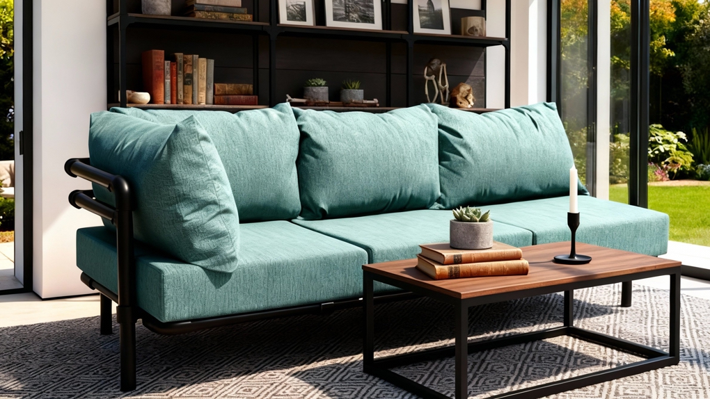 Lichtblauwe Industriële Chaise Longue Op Maat elementen in een zonnige serre of tuinkamer. De strakke opstelling creëert een frisse Kleurige Chaise Longue Industriële Look met een modern, zwart frame.