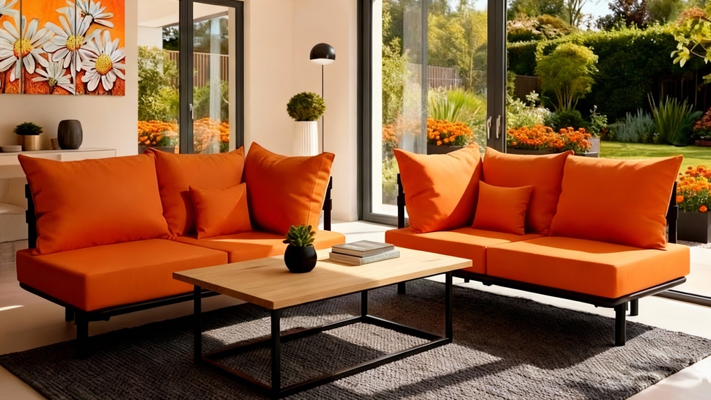 Twee oranje Industriële Chaise Longue Op Maat elementen in een zonnige kamer met uitzicht op een tuin. De opvallende kleur zorgt voor een vrolijke Kleurige Chaise Longue Industriële Look.