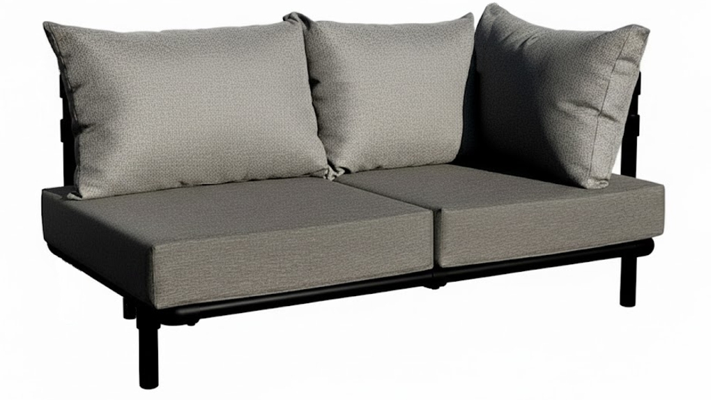 Neutrale taupe Industriële Chaise Longue Op Maat (Melange) in een modulaire 3-zits opstelling. Het strakke design en de robuuste frameconstructie benadrukken de Kleurige Chaise Longue Industriële Look.