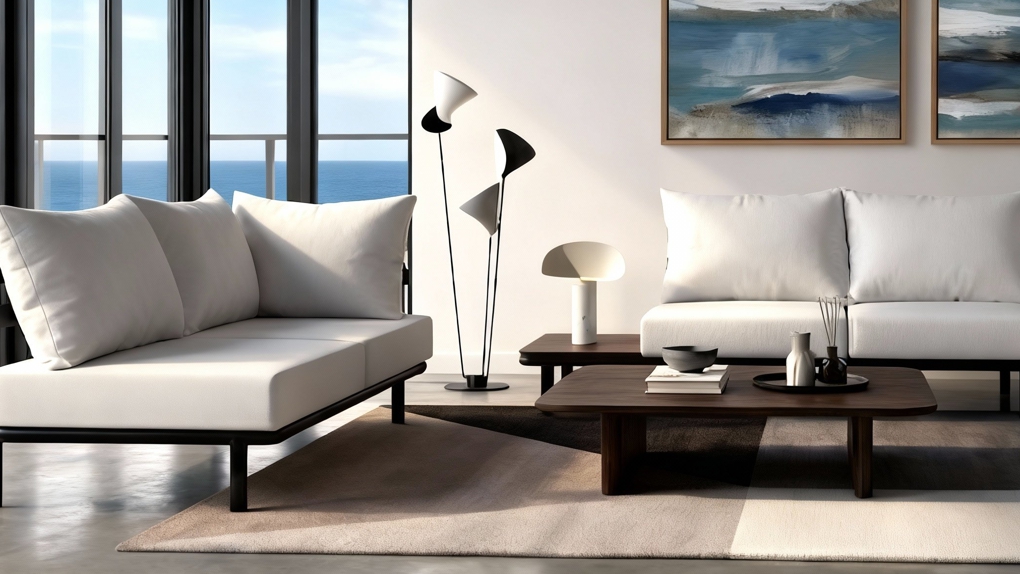 Twee lichte/witte Melange elementen die een zitopstelling vormen in een moderne tuinsetting. De Industriële Chaise Longue Op Maat in deze lichte kleur behoudt de robuuste Kleurige Chaise Longue Industriële Look.