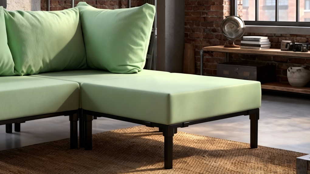 Detail van de lichtgroene Melange hocker met strak gestoffeerde kussens en robuust, industrieel frame. Deze module maakt de Industriële Chaise Longue Op Maat compleet en zorgt voor een Kleurige Chaise Longue Industriële Look.