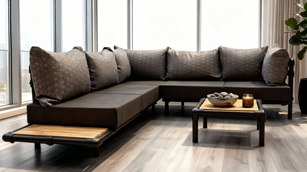 Een royale donkergrijze Melange hoekbank met gedessineerde jacquard rugkussens en een geïntegreerd houten zijtafeltje in een modern interieur.