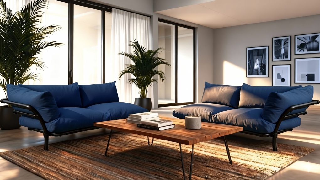 Blauwe Mellow Chaise Longue Industrieel Design met diepe plofkussens. De Robuuste Industriële Chaise Longue is ontworpen voor ultiem loungecomfort.