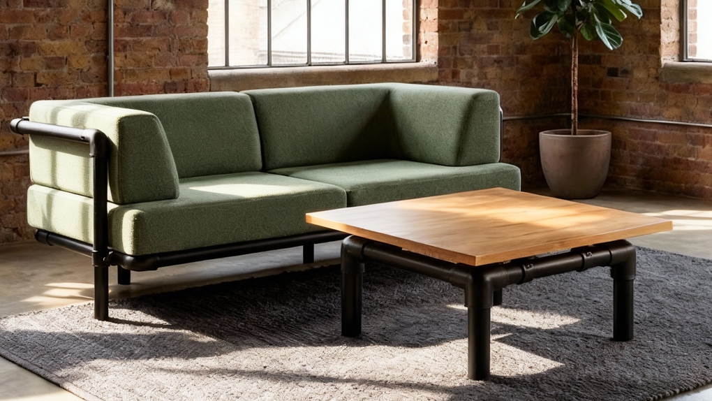 Een vierkante loungetafel Riff met houten blad en een slank zwart frame geplaatst bij een industriële bank.