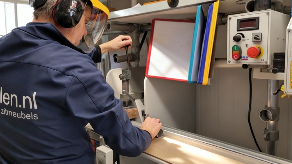 Pieter van Velzen van bankenstoelen.nl werkt met beschermende uitrusting aan een machine in het atelier in Akkrum voor de productie van industriële zitmeubels.