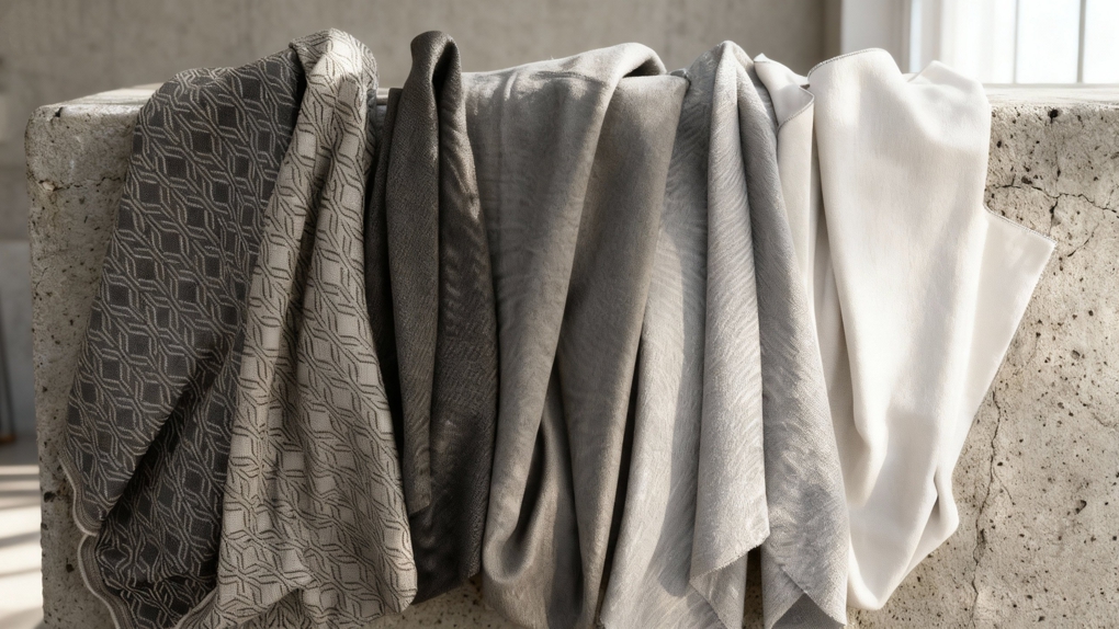 Een presentatie van diverse luxe meubelstoffen uit de Riviera collectie in zwart- en grijstinten met gedetailleerde jacquard-wevingen, gedrapeerd over een betonlook achtergrond.