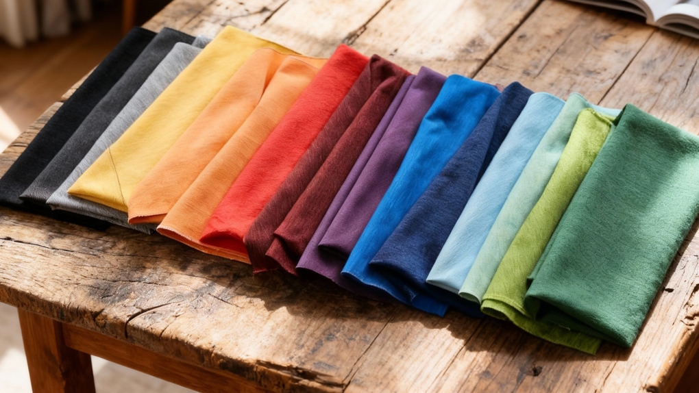 Een uitgebreid overzicht van kleurstalen uit de Riviera collectie, variërend van diepzwart en antraciet tot okergeel, terracotta, paars, blauw en diverse groentinten, gepresenteerd op een houten tafel.