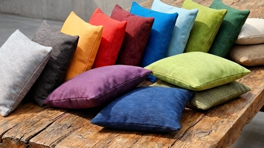 Een verzameling kleurrijke Touch sierkussens op een antracietgrijze industriële hoekbank.