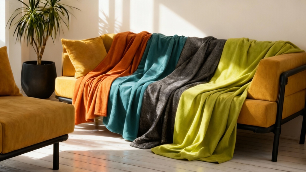 Diverse kleuren van de Source meubelstof, waaronder okergeel, oranje, zeeblauw, antraciet en limegroen, gedrapeerd over een gele industriële bank.