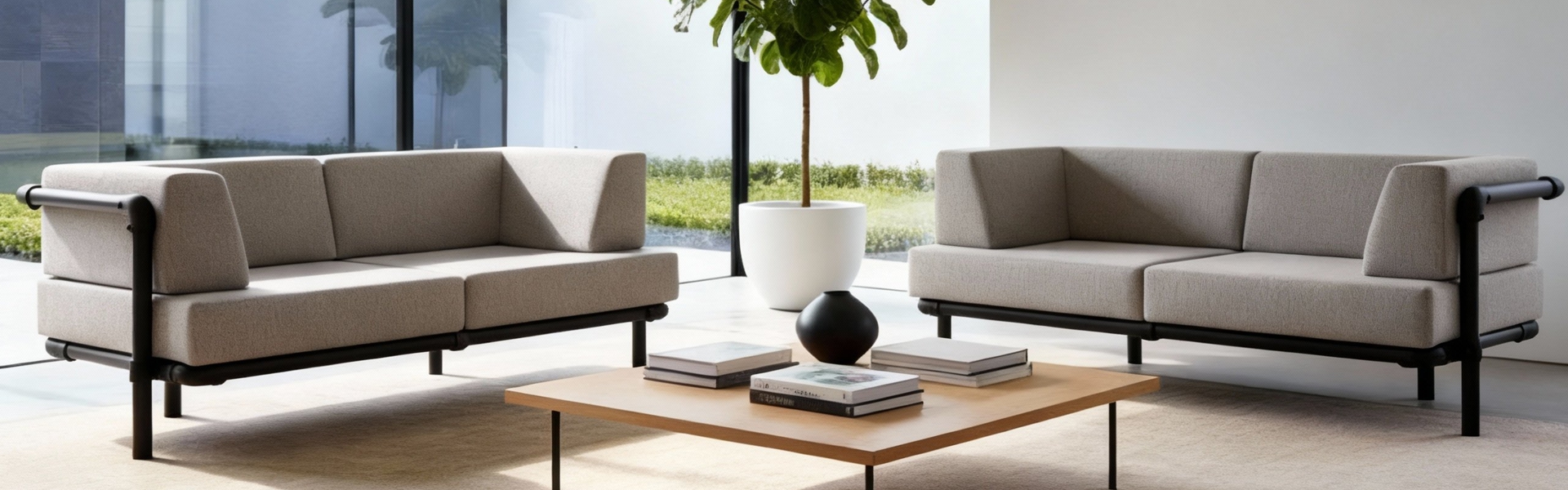 Twee grijze industriële Steady banken met zwarte buisframes staan tegenover elkaar in een lichte, moderne woonkamer met een grote plant en een houten salontafel.