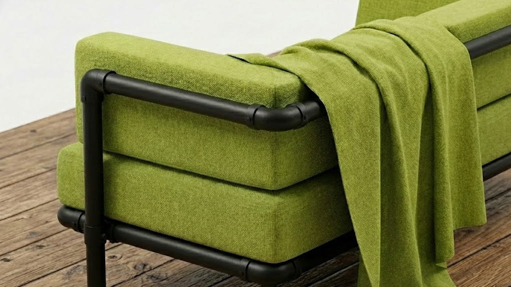 Close-up van de achterkant van een lime groene Steady bank met een strak zwart industrieel buisframe en een bijpassende groene plaid.