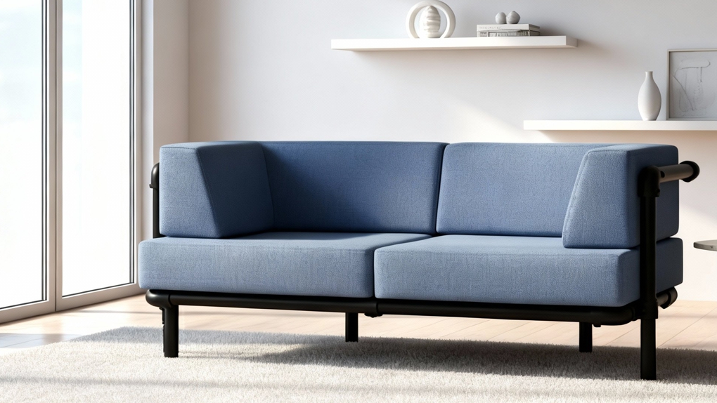 Een lichtblauwe Steady loungebank met een zwart industrieel frame, geplaatst op een wit vloerkleed in een lichte woonkamer met minimalistische wanddecoratie.