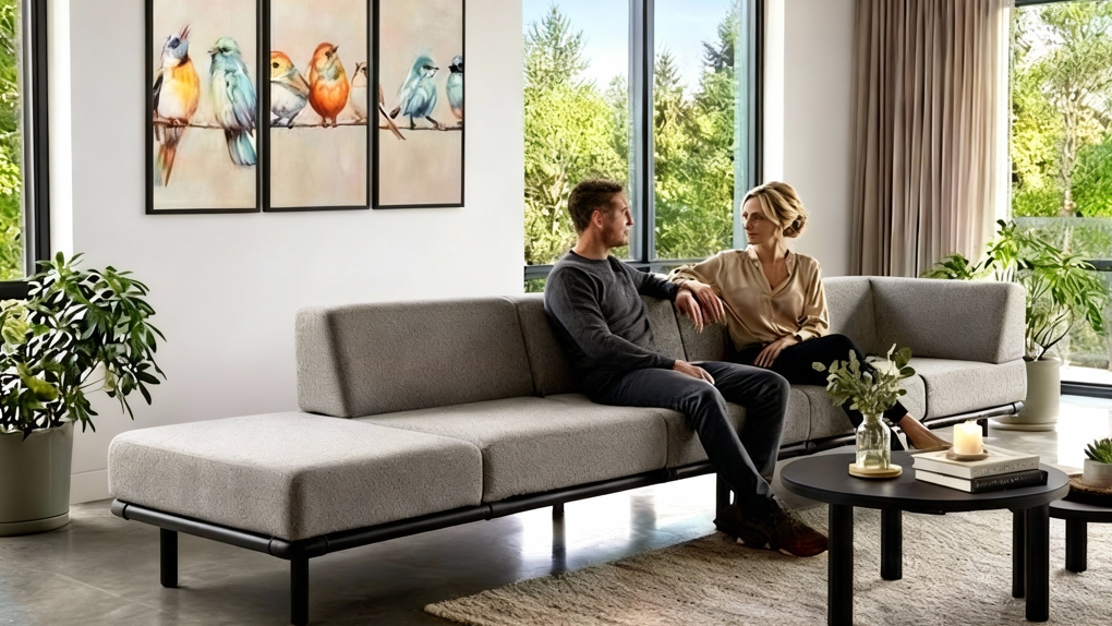 Twee mensen zitten in gesprek op een grijze Strakke Industriële Chaise Longue met verlengd zitgedeelte. Deze Sterke Chaise Longue Industriële Stijl Op Maat staat in een lichte kamer met grote ramen.