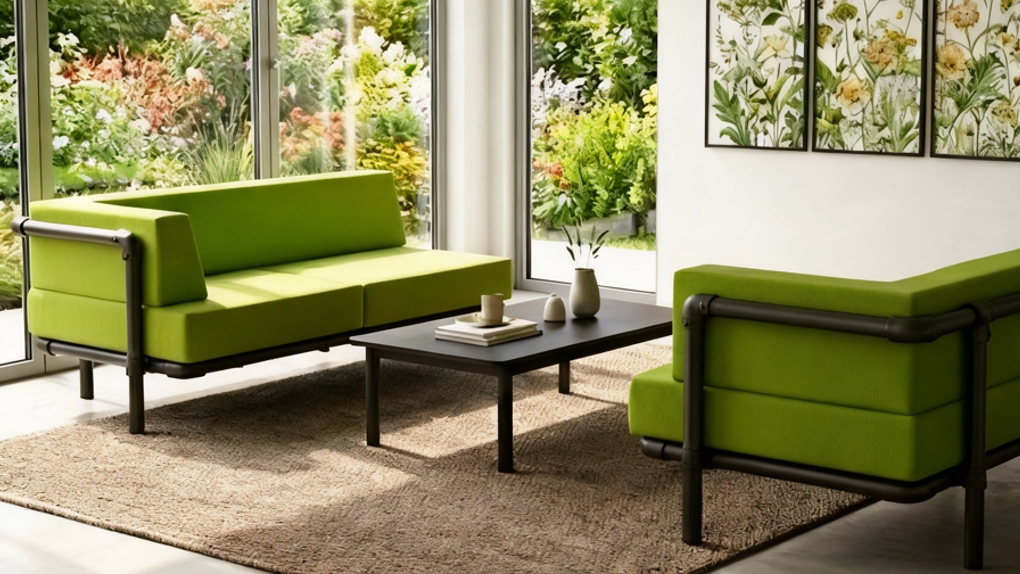 Levendig groene Strakke Industriële Chaise Longue in een lichte tuinkamer met grote ramen. De Sterke Chaise Longue Industriële Stijl Op Maat heeft een strakke, minimalistische vorm en een robuust, zwart frame.